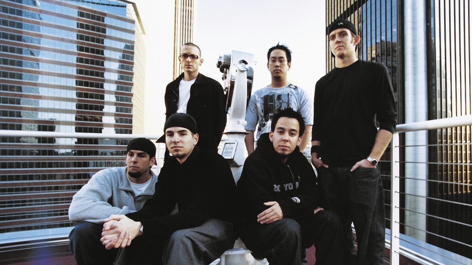 Preview wallpaper linkin park, roof, city, houses, band 1920x1080