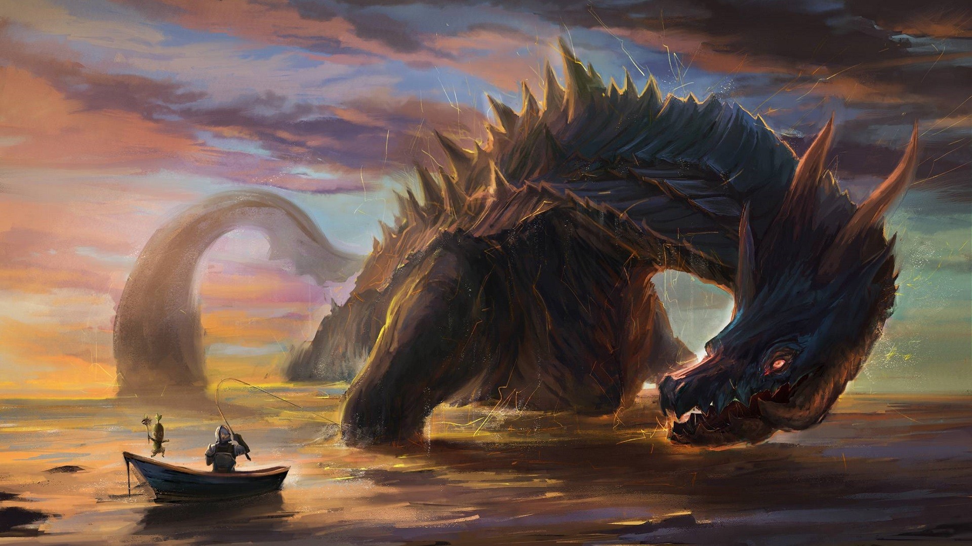 Preview wallpaper dragon, knight, art, boat 1920x1080